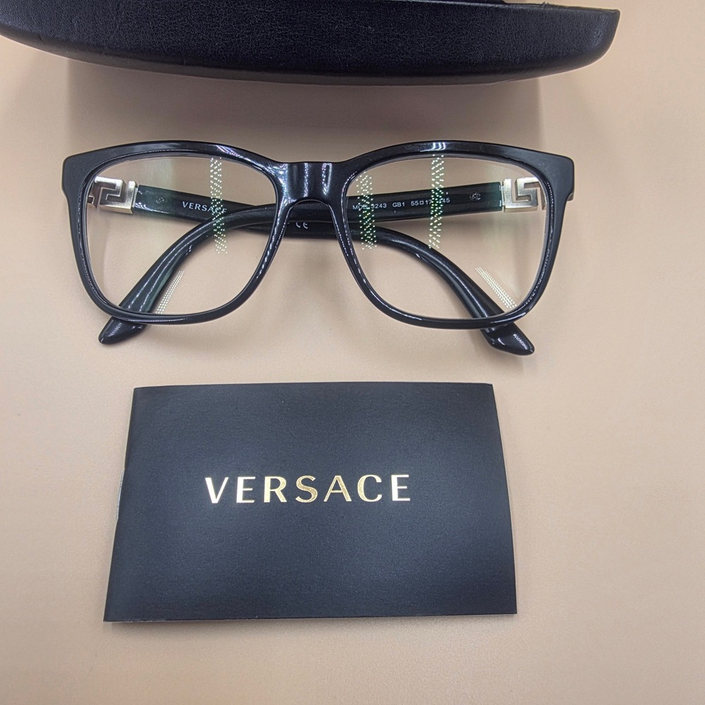 Versace MOD 3243 GB1 Black Square Eyeglasses Gold Greca Greek Key Italy55-17-145